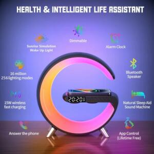 Veilleuse Led RGB 4en1-Chargeur sans fil-Haut parleur Bluetooth Intelligent-Réveil