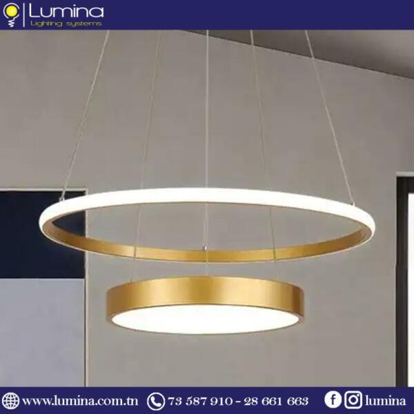 K049 Lustre à LED double rond doré moderne pour salon - 1
