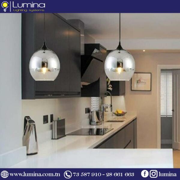 Suspension boule verre argent pour éclairage intérieur