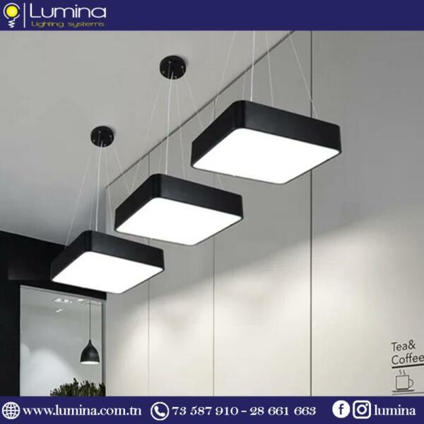 Lustre carré led noir 60cm suspendu réglable - 1