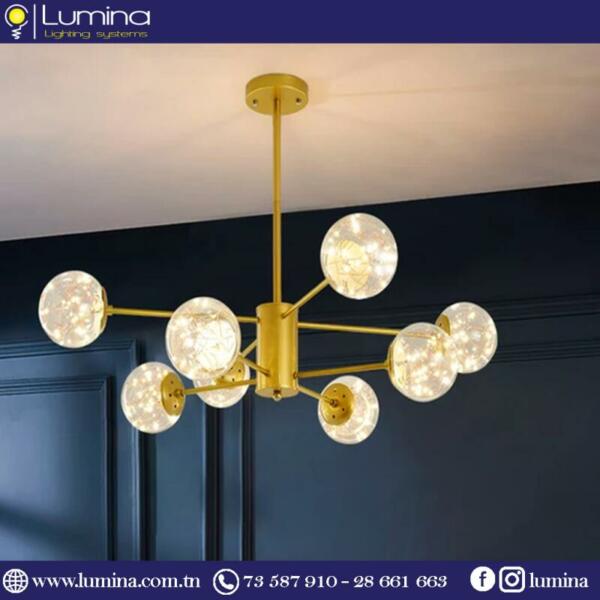 Lustre led rond doré avec huit boules lumineuses suspendues - 1
