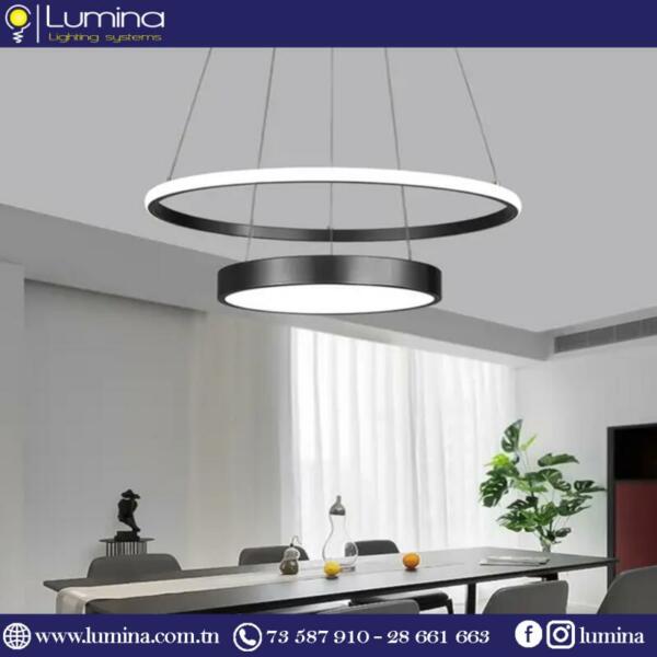 Lustre à led moderne noir double rond 50cm - 1